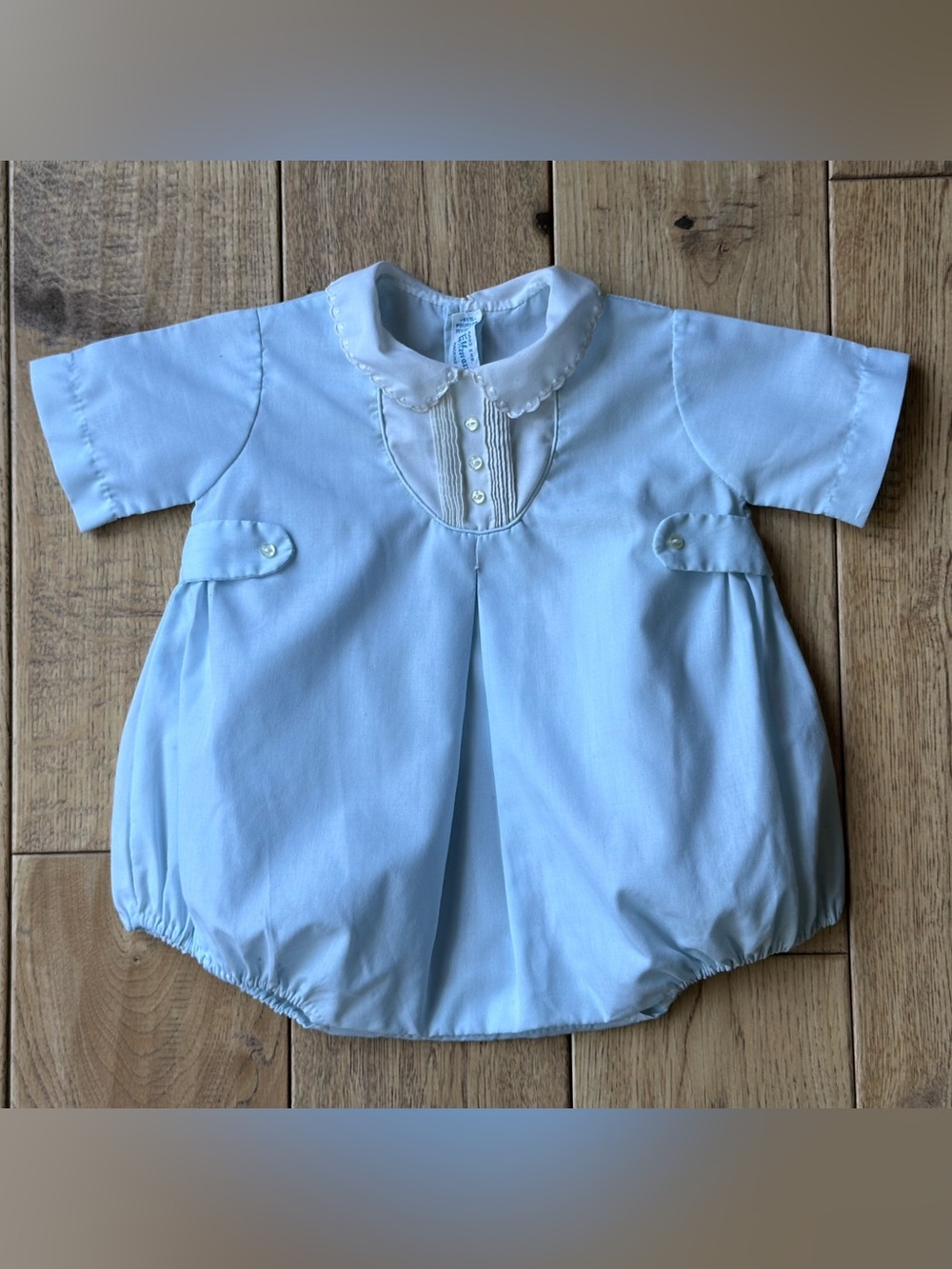 Feltman Brothers Pale Blue Romper with Pintucks and Embroidered Collar